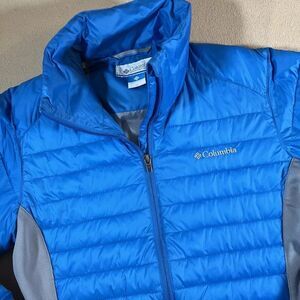 COLUMBIA Puffer Jacket Women M Blue Gray Powder Pillow Hybrid‎ Activewear Preppy